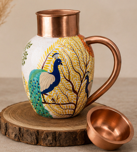 Pichet en cuivre artisanal avec motif paon, corps blanc et poignée en cuivre, carafe décorative orientale avec couvercle - Product Image 5
