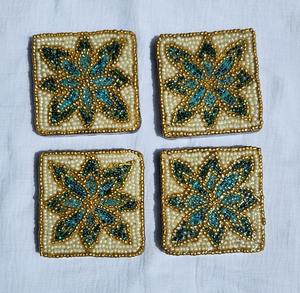 Handmade Beaded <b>Bar</b> <b>Mat</b> Luxury Vintage Style Crystal Mosaic Design Gold White Green 4 Inch Square Drinkware Accessory - Product Image 2