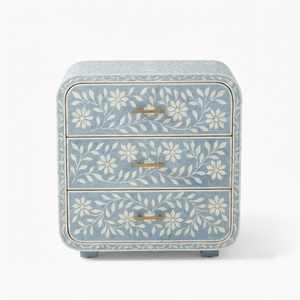 <b>Blue</b> Bone Inlay Eco-Friendly <b>Bedside</b> <b>Table</b> 3 Drawer Storage Cabinet Modern Floral Design Wooden Nightstand Home Apartment Hotel - Product Image 1
