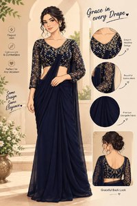 Blusa de Chiffon Azul Marino para Saree, con Bordado Floral a Mano, Manga Larga, Estilo India/Pakistán - Product Image 5