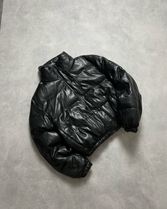 Wholesale High Quality Black PU Leather <b>Puffer</b> <b>Jacket</b> Custom <b>Cropped</b> Stand Collar Button Front Oversized Warm Winter Bubble Coat - Product Image 3