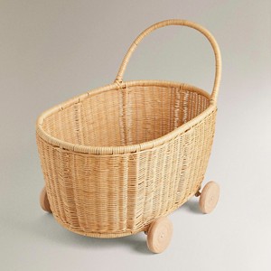 Chariot de poussette en rotin tressé à la main de haute qualité, best-seller, avec poignée à roulettes, adapté au rangement des jouets de bébé. - Product Image 1