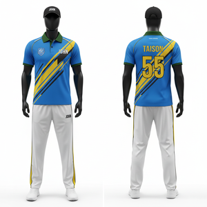 Men's <b>Cricket</b> Uniform Set 180 GSM Moisture Wicking Polyester Interlock <b>White</b> Green Collar Blue Gold Panel Sublimation Logo - Product Image 5