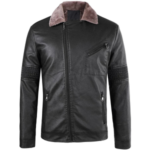 Veste de motard en cuir PU noir pour homme, col montant, fermeture éclair, coupe ajustée, doublure en fausse fourrure, vêtements d'hiver - Product Image 1