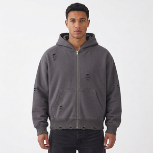 <b>Men's</b> <b>Blue</b> Hooded Zip-Up Sweatshirt 100% Cotton French Terry Oversized Casual Autumn Wear - Product Image 3
