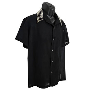 Custom <b>Men's</b> Black Gothic Button Down Shirt with Silver <b>Studded</b> Collar Skull Back Design Short Sleeve Street wear - Product Image 3