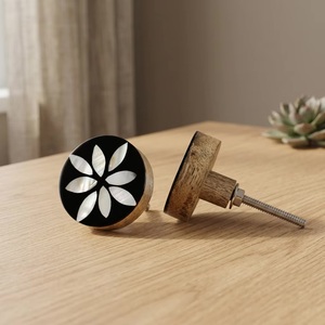 Modern Round Resin Wood Cabinet <b>Knob</b> with Black Shell Floral Inlay Eco-Friendly & Durable for Home Office and Living Room Use - Product Image 1