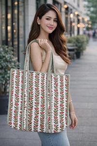 Stylish Women's Tote <b>Bag</b> Large Floral Print Blue Quilted Open Closure Made Indian Cotton Washable <b>for</b> Daily Shopping Travel - Product Image 5