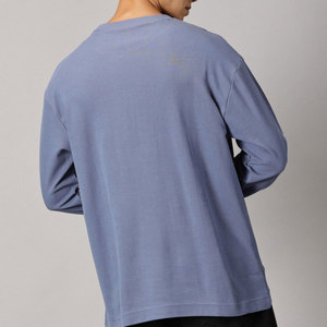 Men's Long Sleeve O-Neck Knitted T-<b>Shirt</b> Solid Color Regular Fit Casual Wear 100% Cotton Blue - Product Image 4