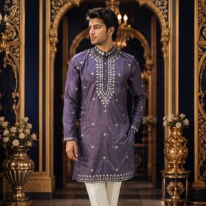 Pure Silk <b>Kurta</b> Pajama Set with Foil Thread Neck Work & All Over Embroidery, Cotton Bottom, Traditional Wedding By royal export - Product Image 1