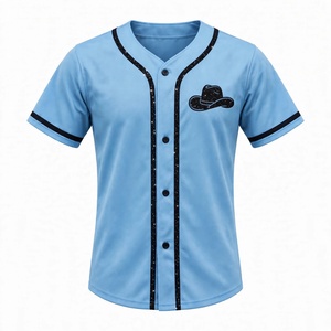 Light Blue Baseball Jersey <b>Men</b> <b>Cowboy</b> Hat Logo Glitter Trim Button Up Short Sleeve Team Sportswear Hip Hop Streetwear <b>Shirt</b> - Product Image 1