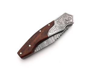 Cuchillo Plegable de Acero de Damasco Nordic Forge EDC con Mango de Madera de Palisandro y Funda de Cuero, Cuchillos de Bolsillo con Bolster Grabado a Mano - Product Image 6