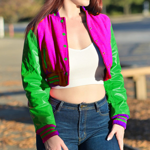 Womens <b>Varsity</b> Crop <b>Jacket</b> <b>Purple</b> Lime Green Letterman Style Bomber Coat Faux Leather Sleeves Casual Outerwear Ladies Fashion - Product Image 3