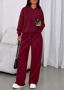 Conjunto de Sudadera con Capucha de Forro Polar de 2 Piezas para Mujer, Color Sólido, Corte Holgado, Informal, para Todas las Temporadas, Pantalones de Manga Larga - Product Image 5