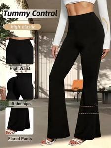 Leggings évasés noirs unis taille haute écologiques en spandex tricoté à séchage rapide style sportif pour femme – Vêtements de sport pour toutes les occasions - Product Image 3