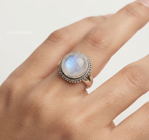 Sale Natural Round Shape Moonstone <b>Sterling</b> <b>Silver</b> <b>Band</b> <b>Ring</b> Size 8 For Women Vintage Stone Style Fashion Index Finger Jewelry - Product Image 3