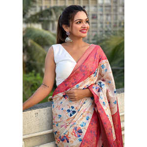 Sari en soie Tussar rouge corail Elite Weaves imprimé Kalamkari avec bordure tissée en zari pour robes de cocktail - Product Image 3