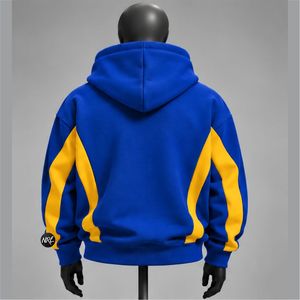 Sweat-shirt à capuche bleu pour homme avec empiècements jaunes, coupe classique, décontracté, pour l'automne, en tissu molletonné FRENCH TERRY, vente en gros - Product Image 3