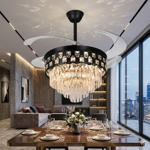 <b>LED</b> Remote Hanging <b>Light</b> for Elegant Living Room Invisible Retractable Blade <b>Ceiling</b> Fan Luxury Black <b>Crystal</b> Chandelier - Product Image 2