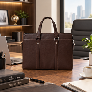 Sac à main pour ordinateur portable en cuir véritable marron - Léger, grande capacité, portable, pour les voyages d'affaires - Product Image 1