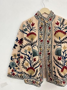 Bohemian Suzani Embroidery Jacket Women Handcrafted Beige Cotton Floral Coat Ethnic Wear Vintage Tribal Design Stand Collar - Product Image 2