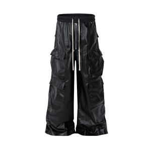 Men's Plus Size High Waist Canvas PU Coated Anti-Pilling <b>Cargo</b> <b>Pants</b> Wide Leg Loose Fit Workwear Style Drawstring Closure - Product Image 4
