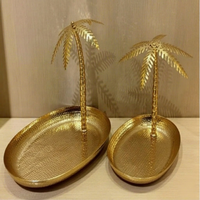 Plateaux décoratifs rectangulaires contemporains en aluminium plaqué or, motif palmier, lot de 2, pour table basse, design végétal