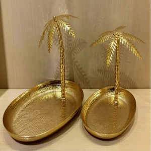 Gold Plated Aluminium Contemporary <b>Rectangle</b> Palm Tree Decorative Trays Set of 2 <b>Coffee</b> <b>Table</b> Serving Plates Plant Design - Product Image 1