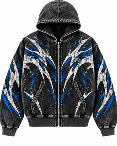 Sweat à capuche zippé oversize pour homme, noir, bleu, blanc, imprimé abstrait, streetwear, tricoté en polyester, vêtement d'automne - Product Image 1