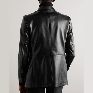 Men Black <b>Leather</b> <b>Blazer</b> Notched Collar Regular Fit Full Length Sleeve Formal Style <b>Jacket</b> - Product Image 2