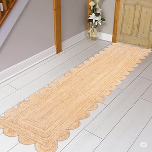 Farmhouse Jute Hallway <b>Runner</b> Rug Flat Weave Scallop Edge Non Slip Rubber Backing Beige Solid Color Thin Pile - Product Image 3