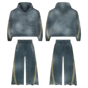 Conjunto de Chándal Personalizado con Lavado Ácido, Estampado Puff y Efecto Spray Wash, que incluye Pantalones de Chándal Acampanados y Sudadera con Capucha de Cremallera Completa, Estilo Streetwear - Product Image 4