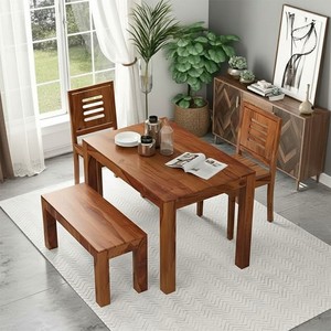 Premium Solid Wood 6 Seater <b>Dining</b> <b>Table</b> <b>Set</b> with 4 Slatted Back Chairs and 1 <b>Bench</b> Natural Finish Handmade <b>Dining</b> furniture - Product Image 2