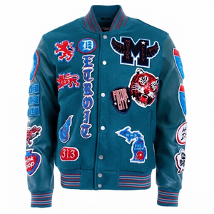 Letterman Sea Blue Varsity Jacket Custom <b>Baseball</b> Bomber Men's Streetwear Vintage Embroidered Patch Chenille Polyester / Cotton - Product Image 1
