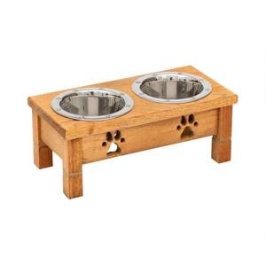 Solid Wood <b>Dog</b> Feeding Bowl Stand Promotional Pet Food Server Wood Pet Feeding Stand with Stainless Steel Bowls - Product Image 1