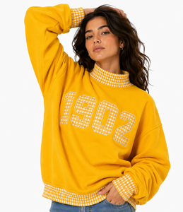 Sweat-shirt à col roulé pour femme 1902, vente en gros, personnalisé, à pois gingham, patchwork, grande taille, épaules tombantes, en tissu éponge, décontracté - Product Image 2