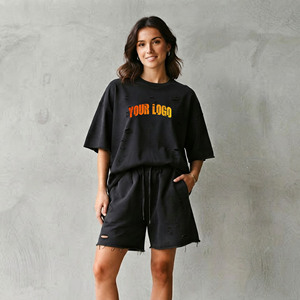Ensemble court pour femme 100% coton OEM/ODM, style streetwear hip-hop oversize, effet vintage délavé, manches courtes, ensemble 2 pièces. - Product Image 1