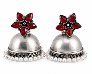 Factory Direct Red Stone <b>Oxidized</b> Silver Jhumka Earrings Handmade Pearl Drop Ethnic Traditional Indian Jewelry for Women - Product Image 1