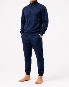 Conjunto Deportivo de Forro Polar Ligero Azul Marino para Hombre, con Cierre Completo, Color Sólido, Transpirable, Pantalones Deportivos de Poliéster con Bolsillos Laterales, Corte Holgado - Product Image 1