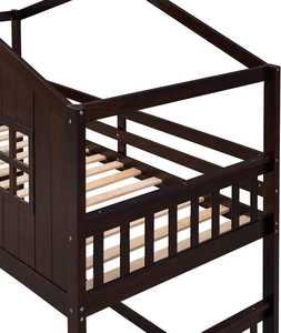 Espresso Solid <b>Wood</b> Twin-Over-Twin Bunk Bed Frame with <b>Ladder</b>, Roof & Safety Guardrails for Apartment, Hotel & Villa - Product Image 4