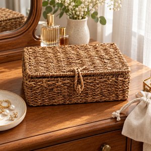 Boîte de rangement pour bijoux en jonc de mer tressé personnalisable avec couvercle à charnière et 6 compartiments pour rangement de coiffeuse – Vente en gros - Product Image 6