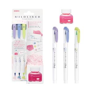 Zebra Mildliner Brush & <b>Ink</b> Bottle Set - Mild Baby Pink <b>Refill</b> with 3 Pens (Dark Blue,Violet,Citrus Green) (SE-WI1-MBP) - Product Image 1