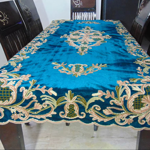 teal long Handmade Embroidered chennele Fabric Indian Floral Block Printed Disposable <b>Tablecloth</b> for Party Wedding Home Decor - Product Image 1