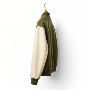 Veste universitaire unisexe vert olive, manches 100% laine, col montant, fermeture boutonnée recouverte, décontractée, coupe-vent d'hiver, devant en coton - Product Image 4