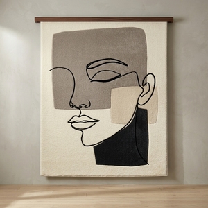 Modern Minimalist Abstract Face Wool/Cotton Medium Pile Area Rug Beige <b>Black</b> Gray Soft Floor Mat for Bedroom Living Room - Product Image 5