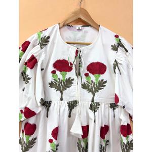 Bohemian Floral Block Print Cotton Midi <b>Dress</b> with Tie Neck and Puff Sleeves <b>Loose</b> Fit Asymmetrical Hem Summer Casual <b>Dress</b> - Product Image 5