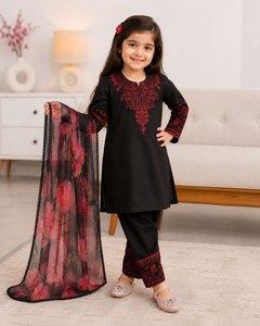 Ensemble Salwar Kameez pakistanais noir pour filles, 3 pièces, avec kurta brodée, dupatta fleuri, tenue pour fête de l'Aïd, mariage - Product Image 1