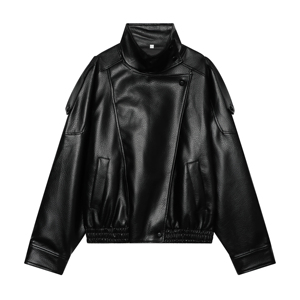 Chaqueta de cuero para mujer con botones frontales, estilo casual, corta, de manga larga, con bolsillo en el pecho y doble banda en la parte delantera. - Product Image 5