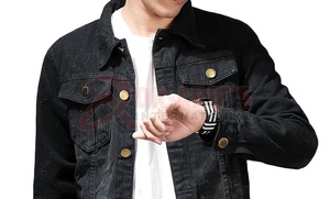 Chaqueta Vaquera Negra Vintage para Hombre, Corte Ajustado, con Patrón de Letras en el Frente, 100% Algodón, Impermeable y Transpirable, para Primavera - Product Image 4