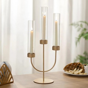 Golden Brass Candle Stand with Three <b>Glass</b> Tubes for Home Decoration At Affordable Price - Product Image 2